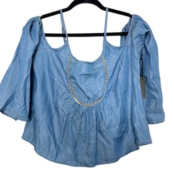 Lovers & Friends Lightweight Denim NWT Cold Shoulder Top XS Flare Sleeve - Picture 1 of 8